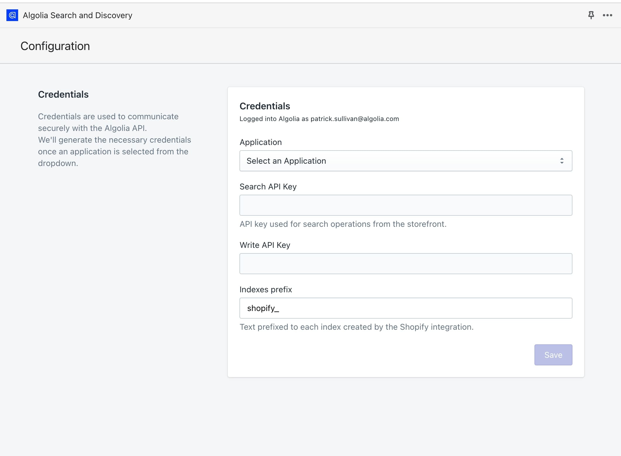 Configuration dialog for the Algolia app in Shopify with a menu to select your Algolia application and fields for your API keys and index prefix.