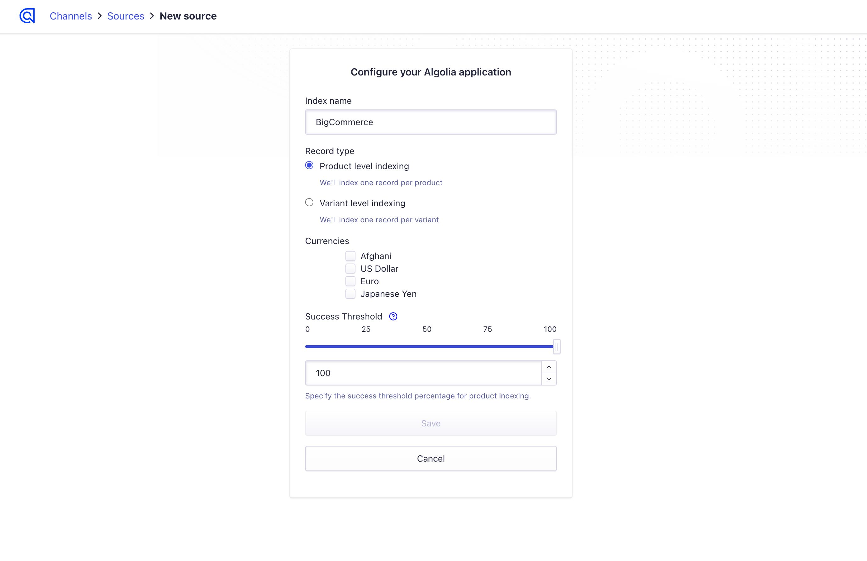 Algolia for BigCommerce index name field