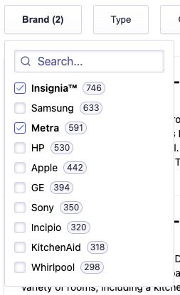 Facet dropdown showing the number of current refinements