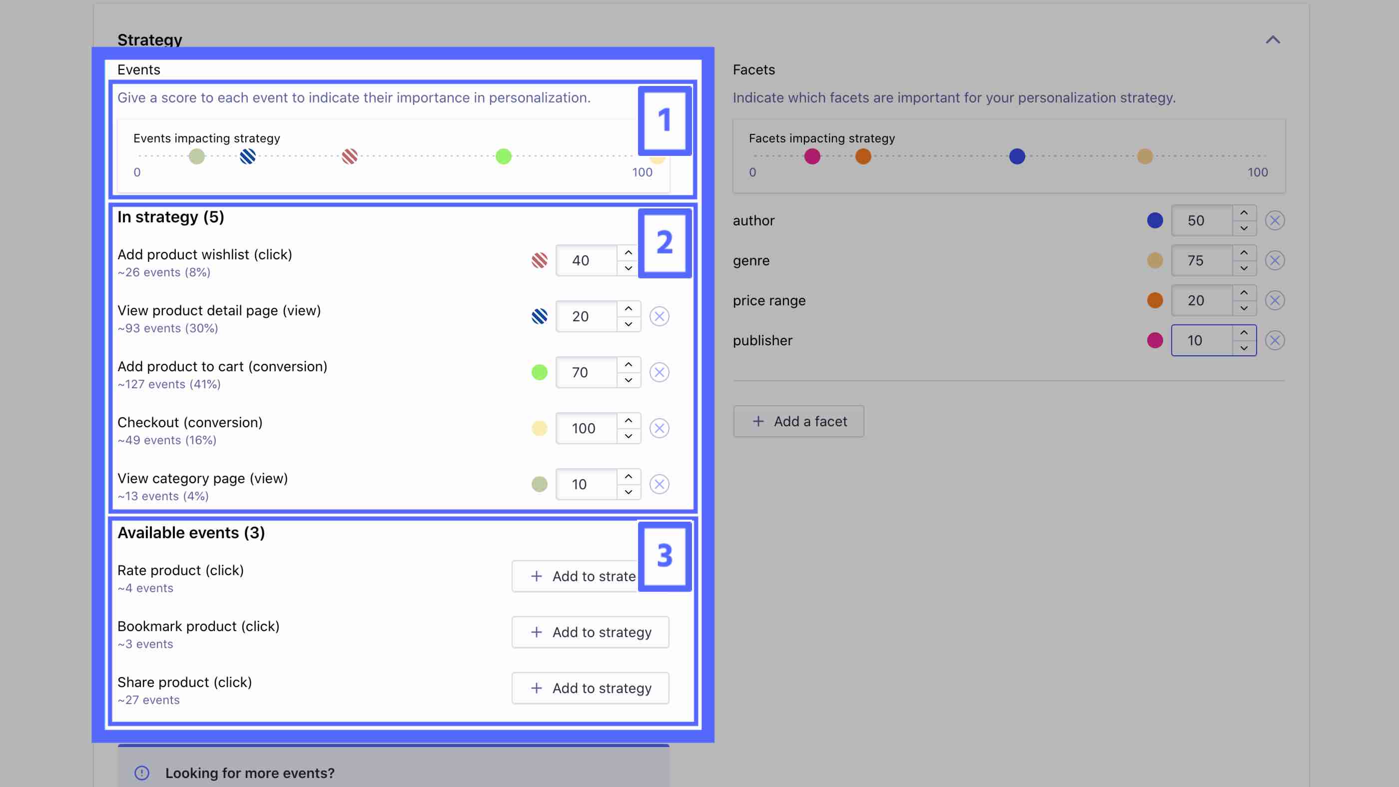 Including and weighting events using the dashboard