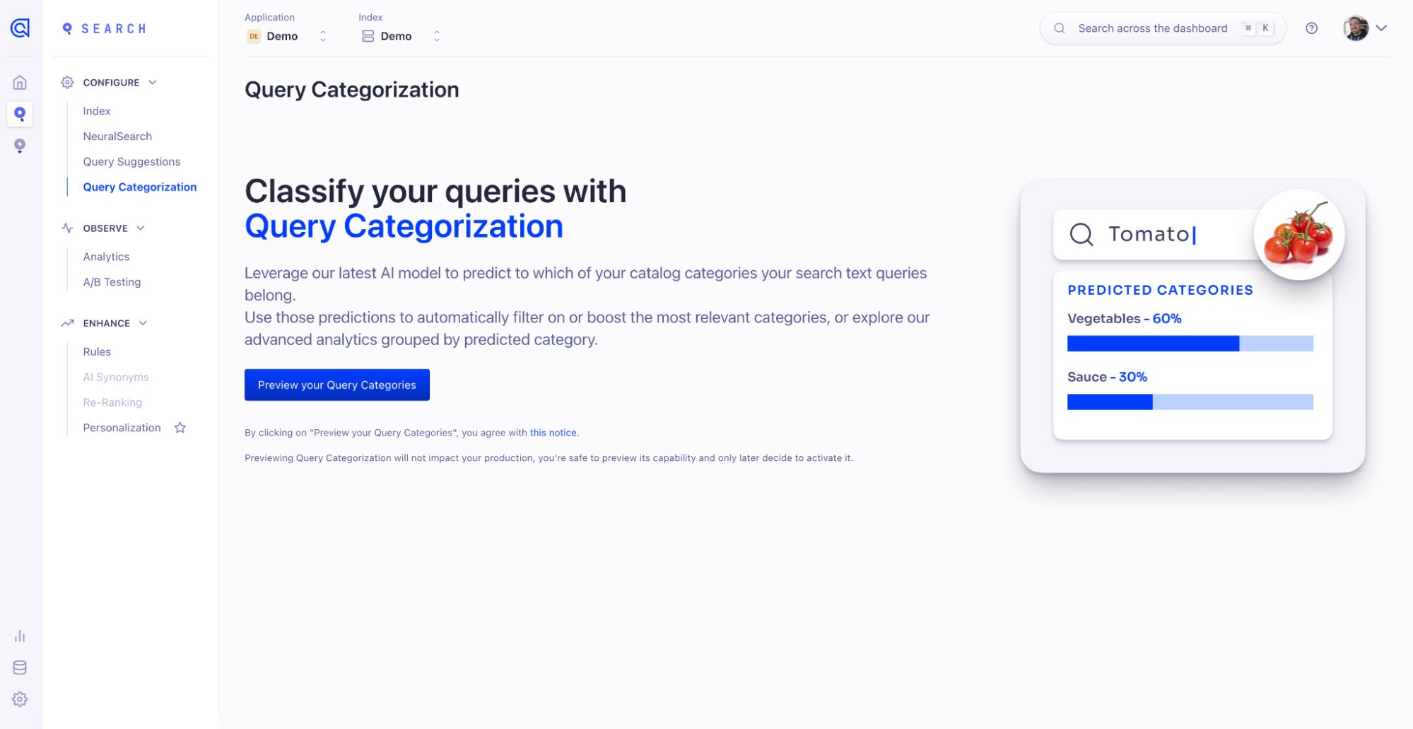 Algolia query categorization