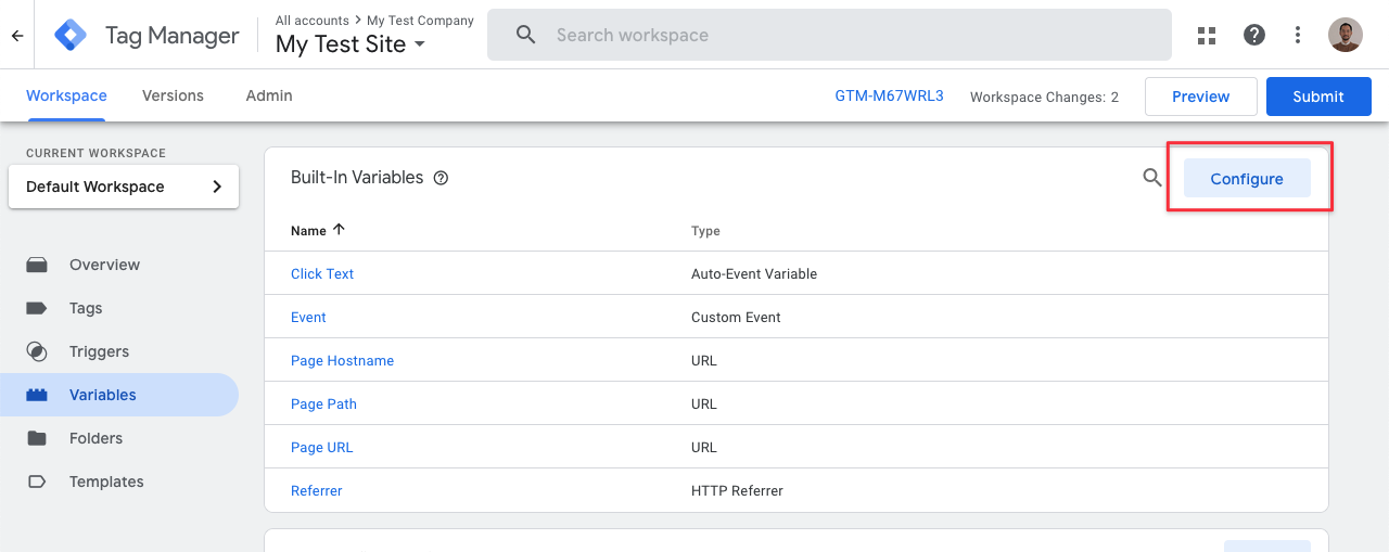 Configure variable click element in GTM - step 1