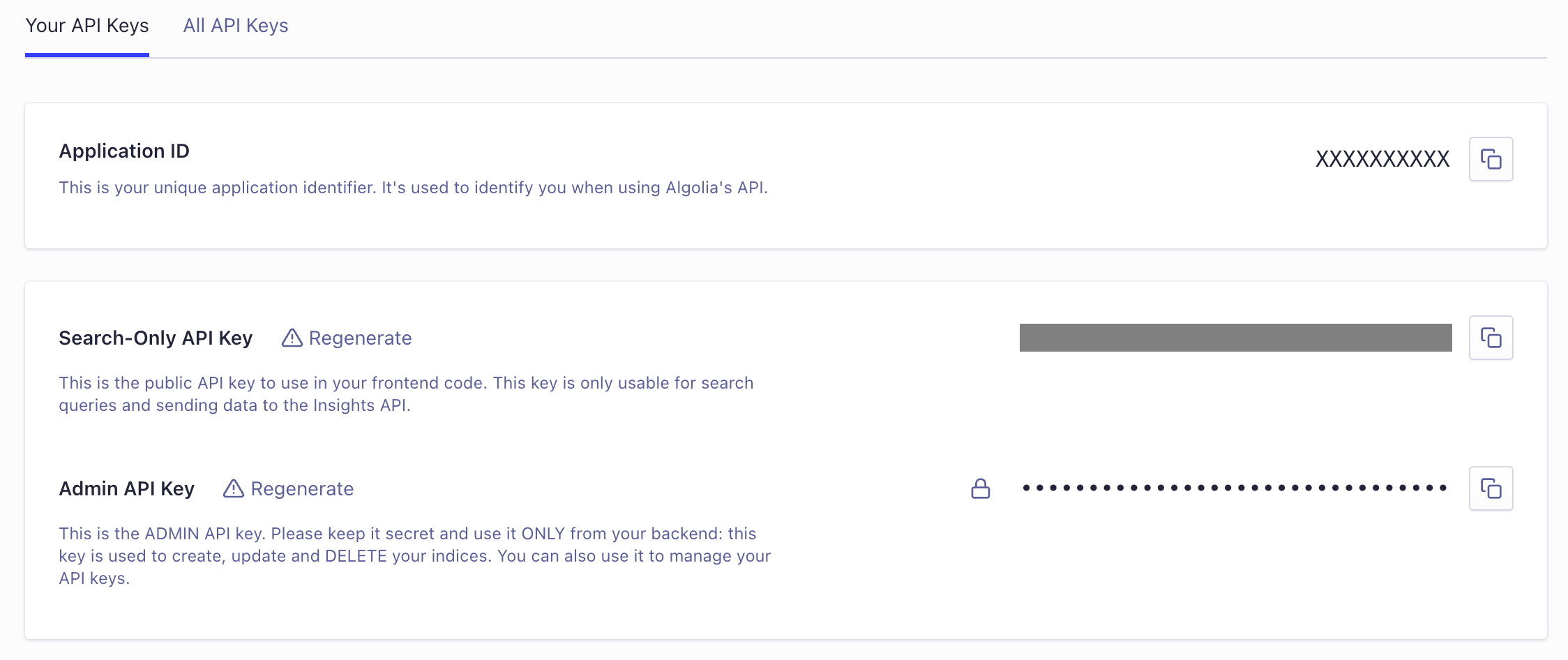 The API Keys page in the Algolia dashboard with fields for your application ID, search-only API key, and Admin API key. Copy these credentials to the Algolia app in Shopify.