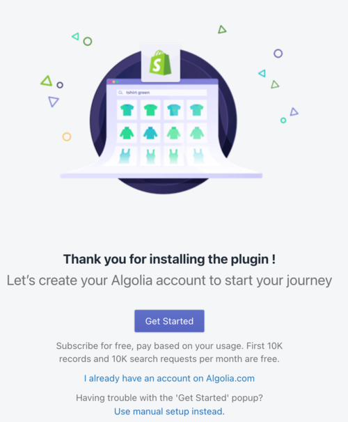 Get started dialog in the Shopify admin. Click Get started to link your Algolia account.