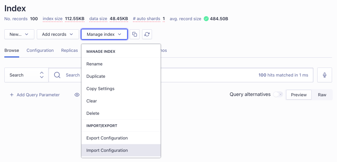 Import an index configuration from a JSON file