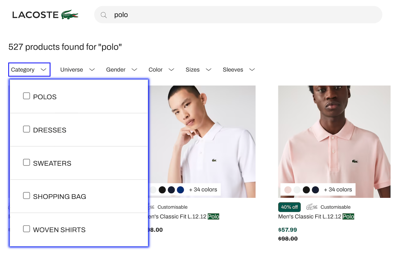 Lacoste search interface with filters in drop-down menus