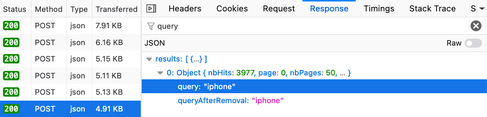 Network tab for the query iphone