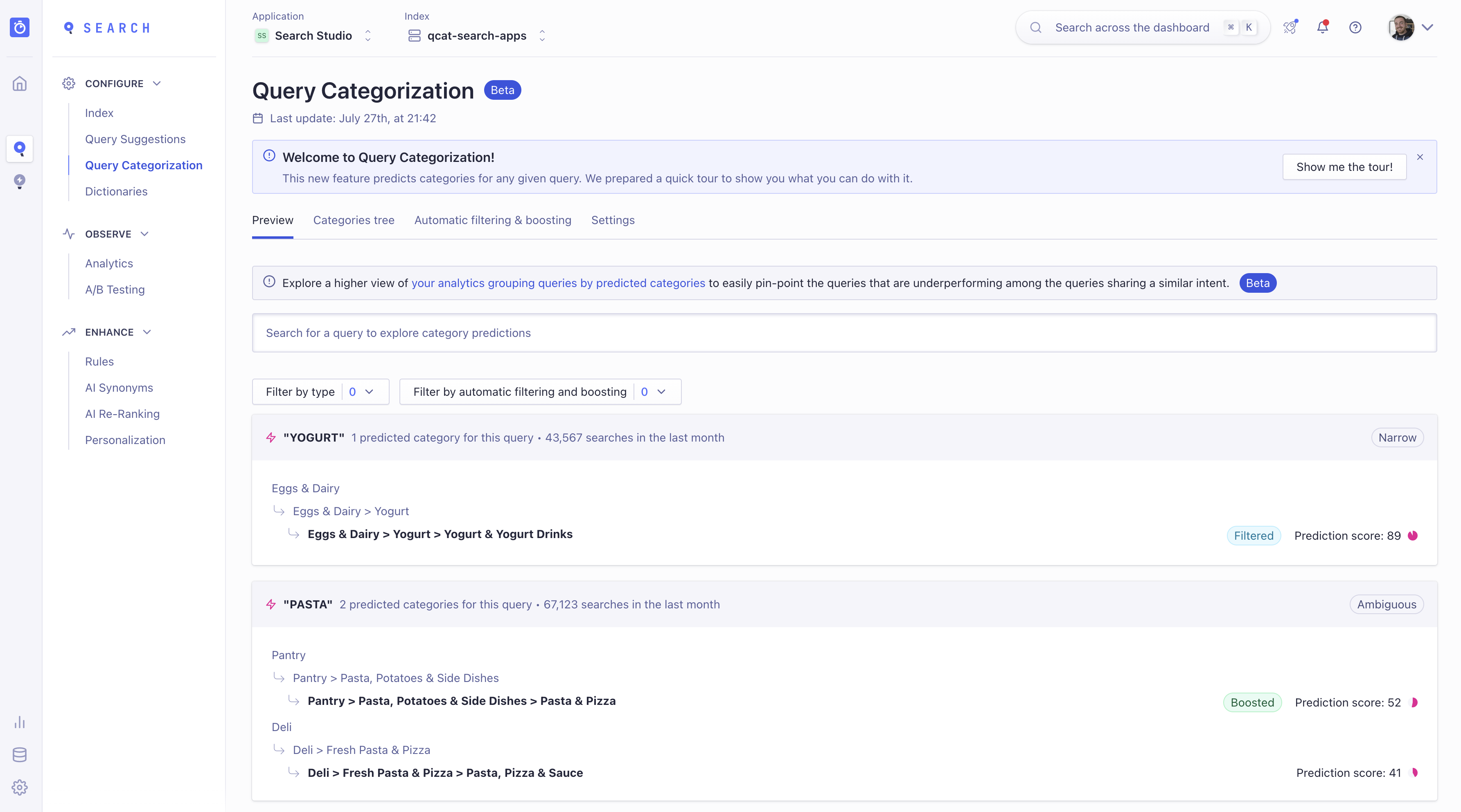 Query Categorization section screenshot showing filters within the Algolia dashboard