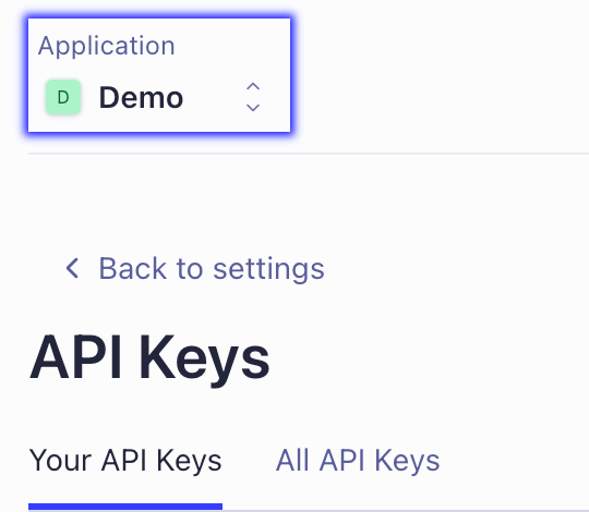 Application selection menu in the Algolia dashboard