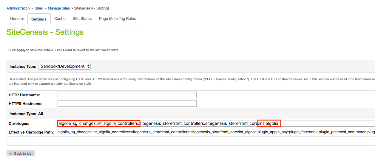 Add the Algolia cartridge to the SiteGenesis site  installation cartridge path